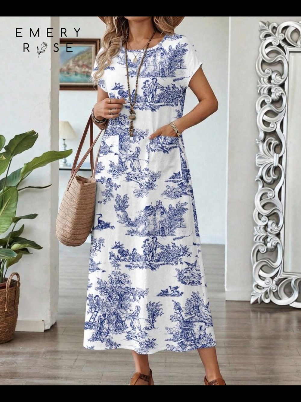 Emery Rose Blue & White Toile Maxi Dress